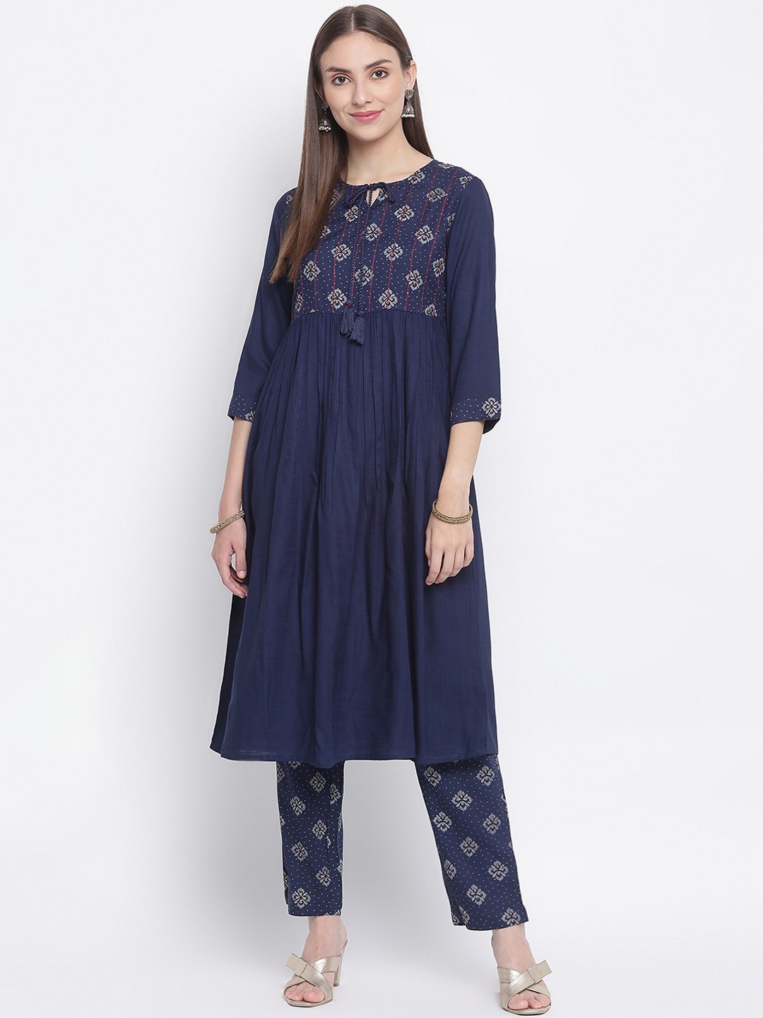 

IMARA Women Blue Yoke Design Pleated Kurta with Trousers