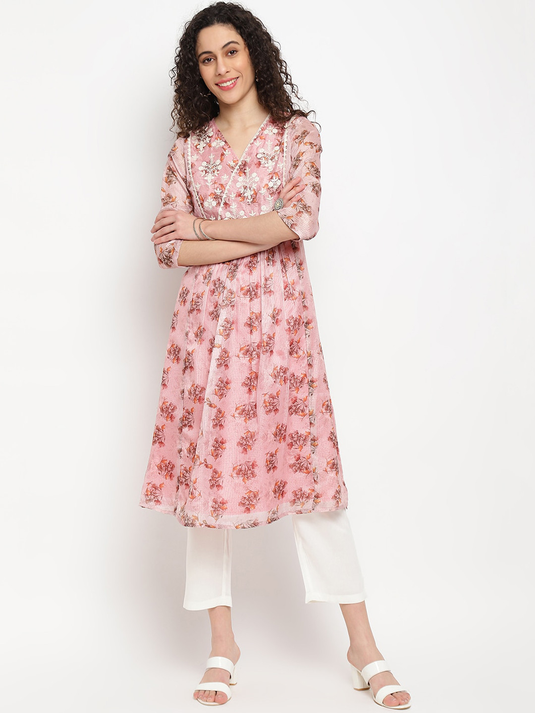 

IMARA Women Pink Floral Printed Pleated Thread Work Kurta with Trousers