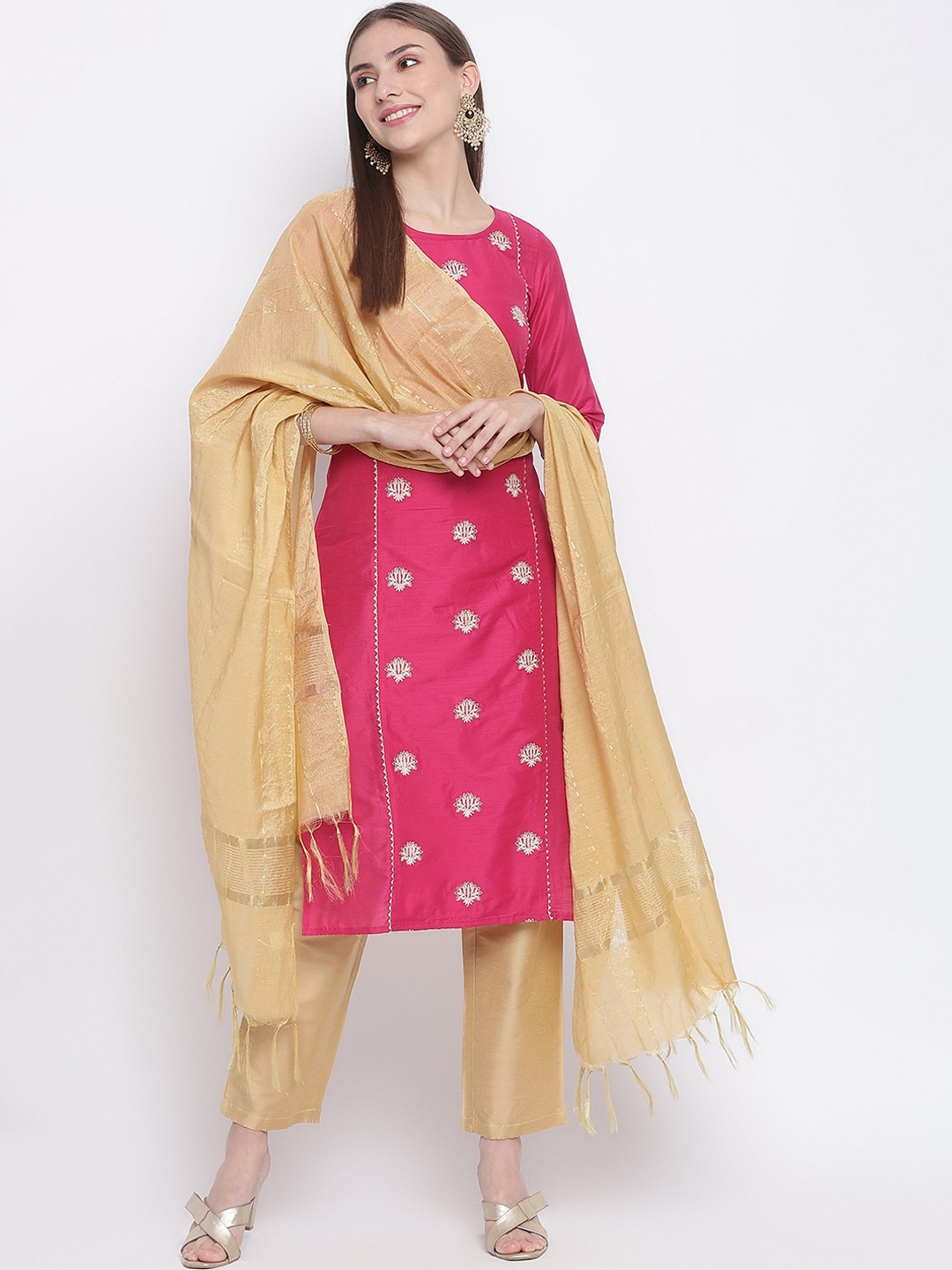 

IMARA Women Pink & Beige Ethnic Motifs Embroidered Panelled Kurta Set