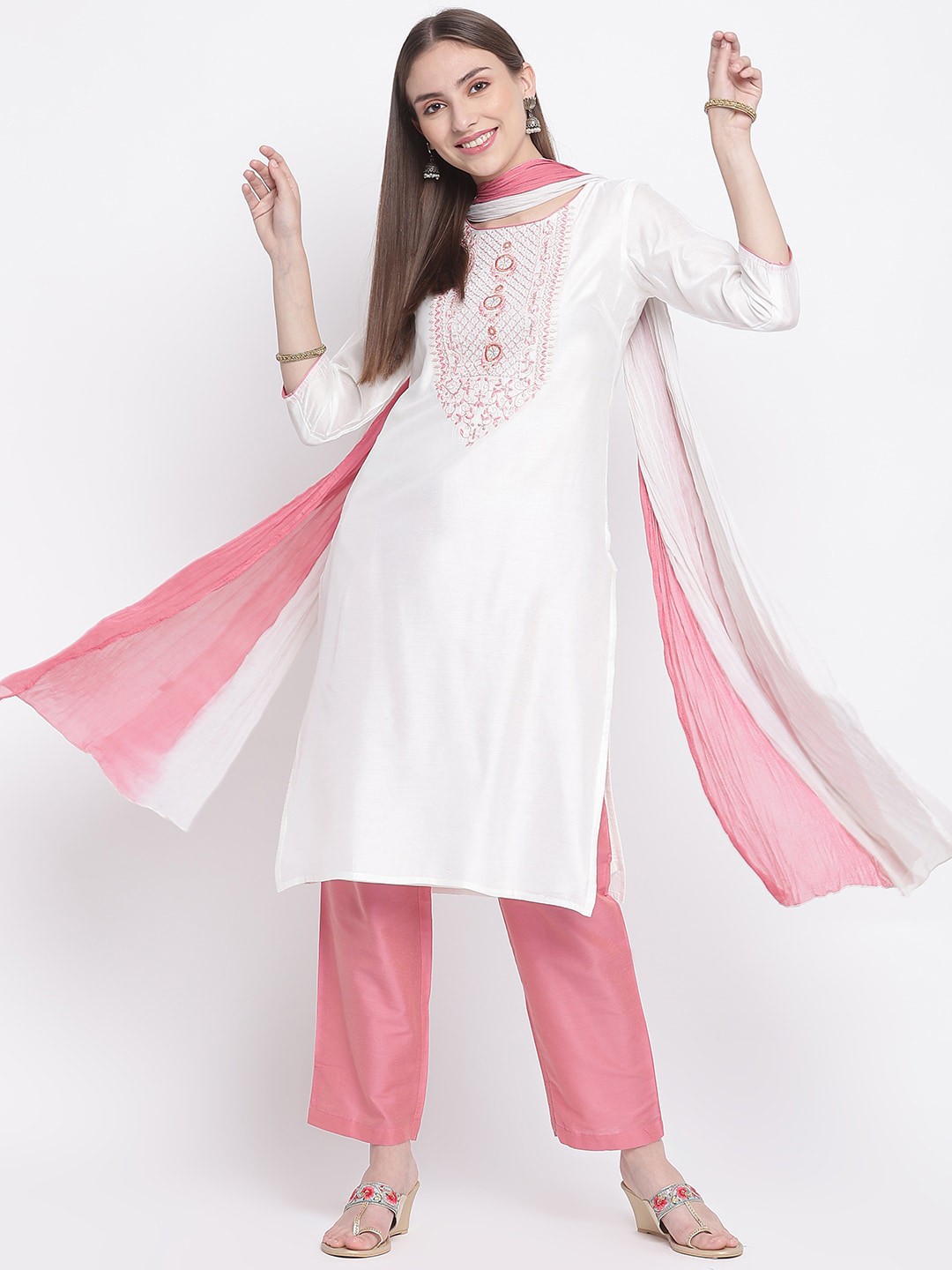 

IMARA Women Off White & Pink Kurta with Trousers & Dupatta
