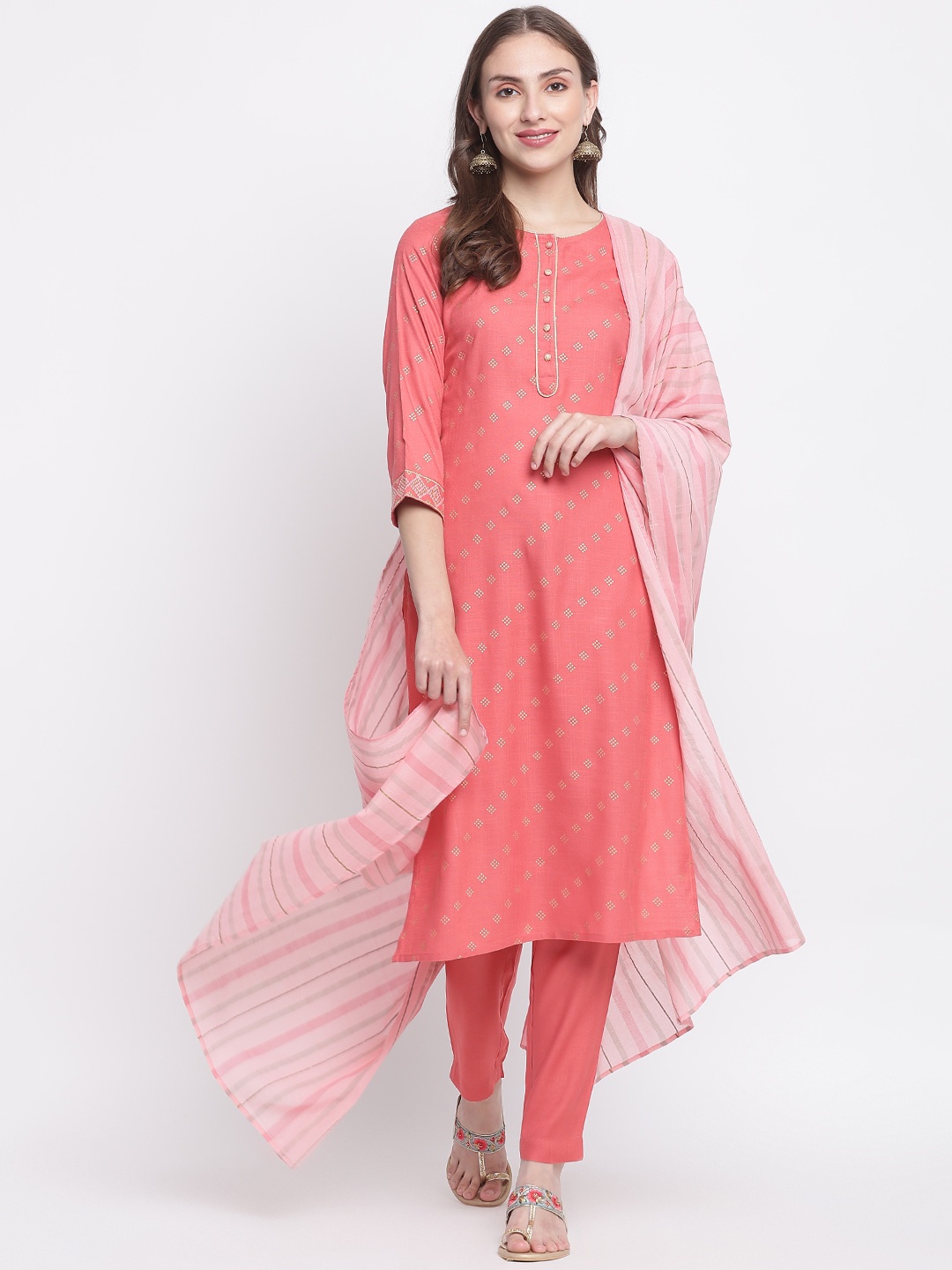 

IMARA Women Coral Kurta with Trousers & With Dupatta
