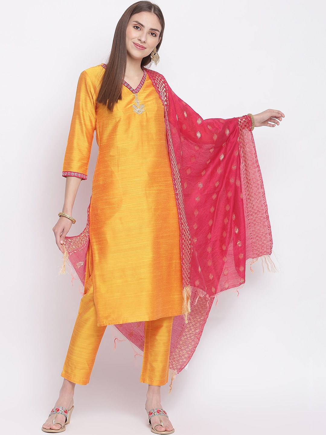 

IMARA Women Mustard Yellow & Pink Kurta with Trousers & With Dupatta