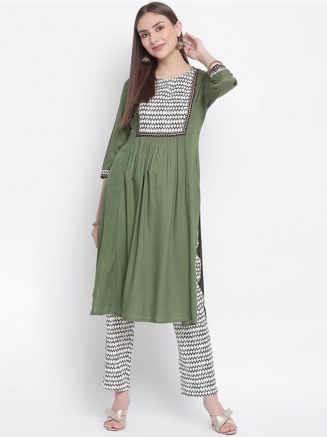 

IMARA Women Olive Green & white Pleated Kurta with Trousers