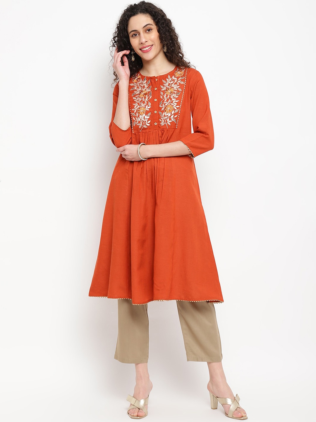 

IMARA Women Rust Floral Yoke Design Kurta with Trousers