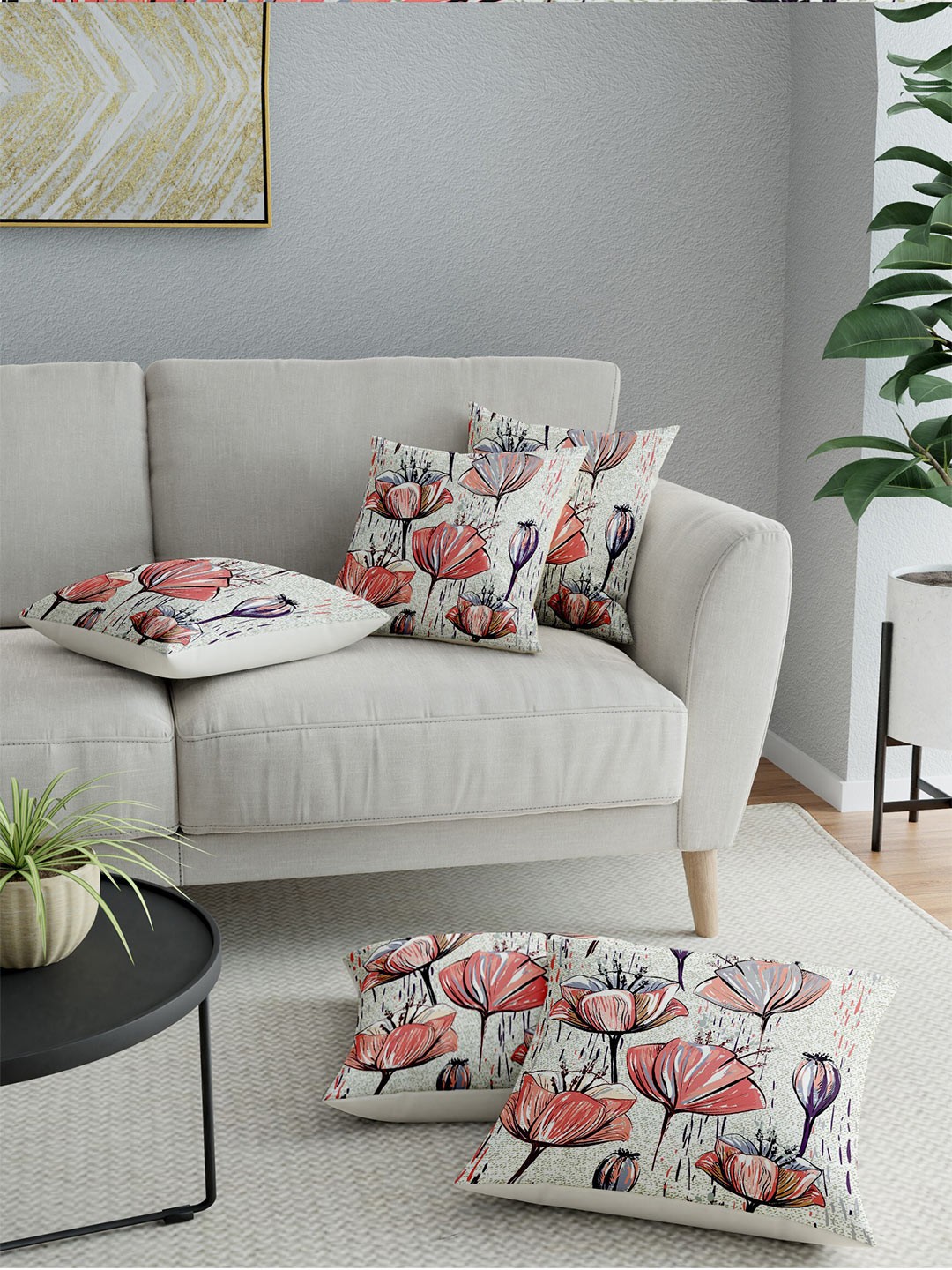 

LA VERNE White & Red Set of 5 Floral Square Cushion Covers