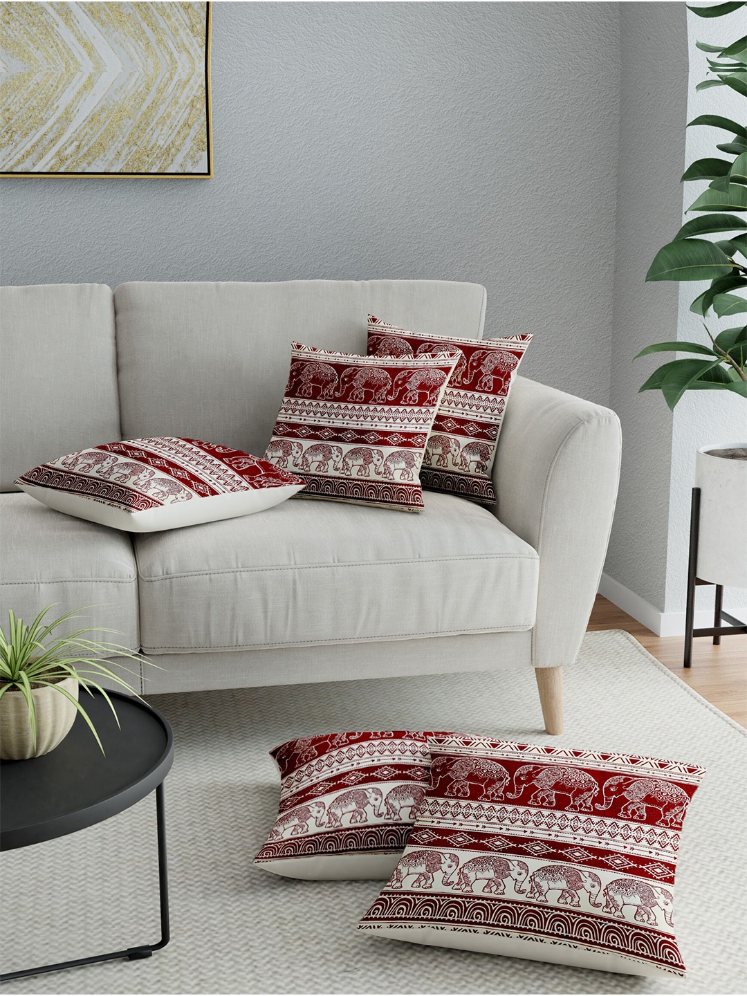 

LA VERNE White & Maroon Set of 5 Ethnic Motifs Cotton Square Cushion Covers