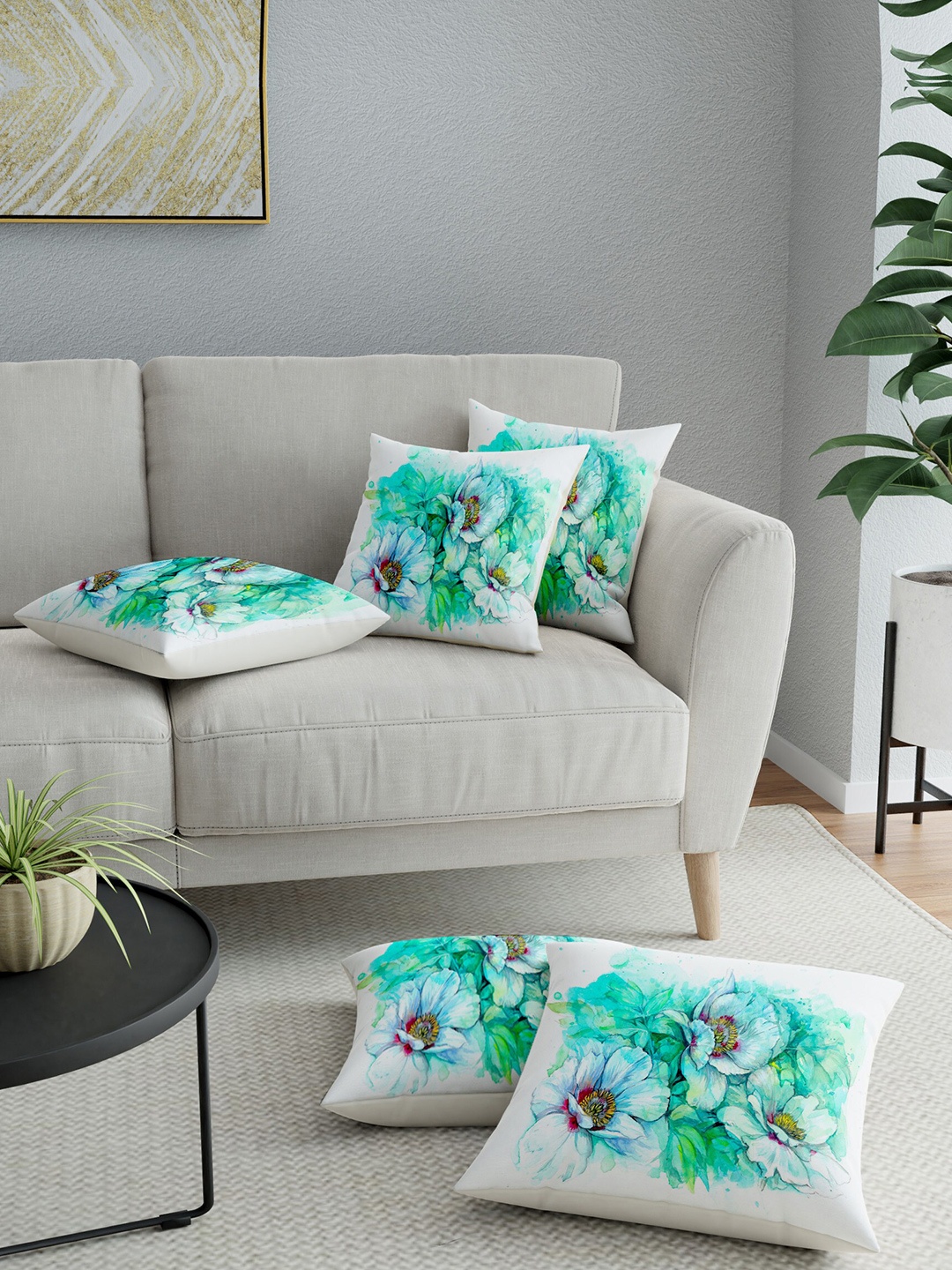 

LA VERNE Green & White Set of 5 Floral Square Cushion Covers