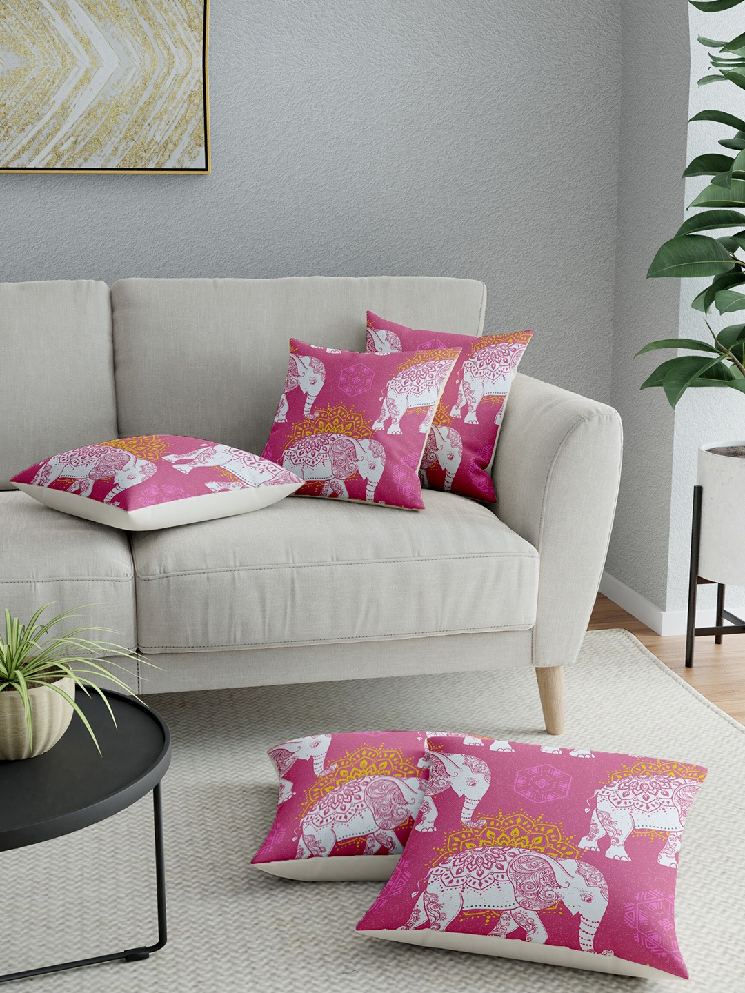 

LA VERNE Pink & White Set of 5 Ethnic Motifs Square Cushion Covers