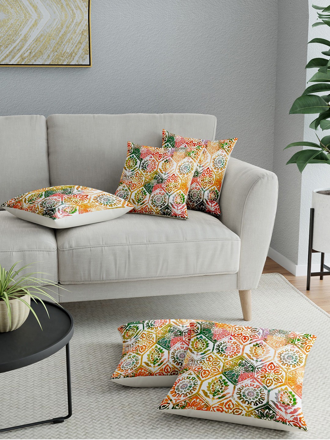 

LA VERNE Multicoloured Set of 5 Ethnic Motifs Square Cushion Covers, Multi