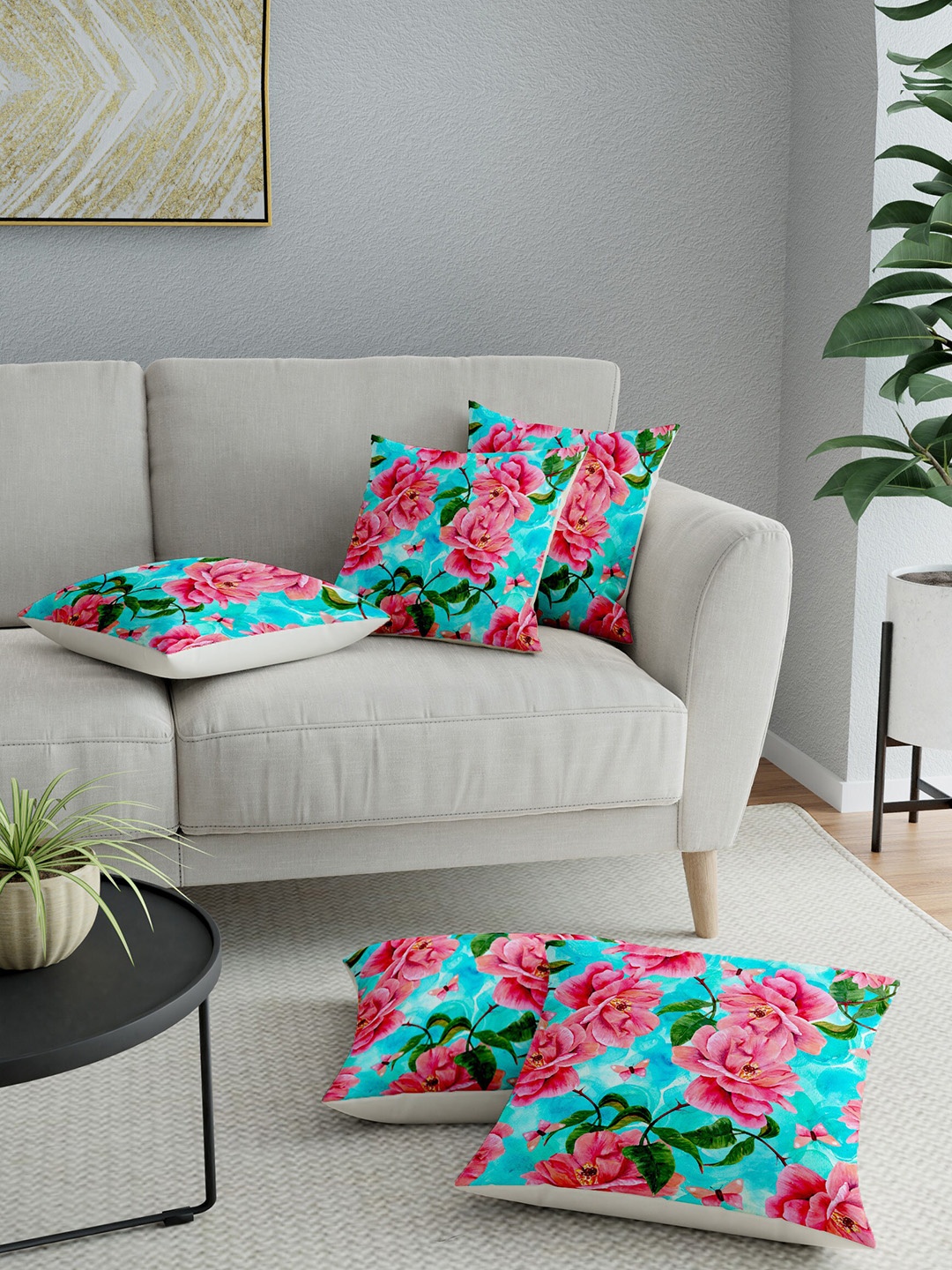 

LA VERNE Blue & Pink Set of 5 Floral Cotton Square Cushion Covers