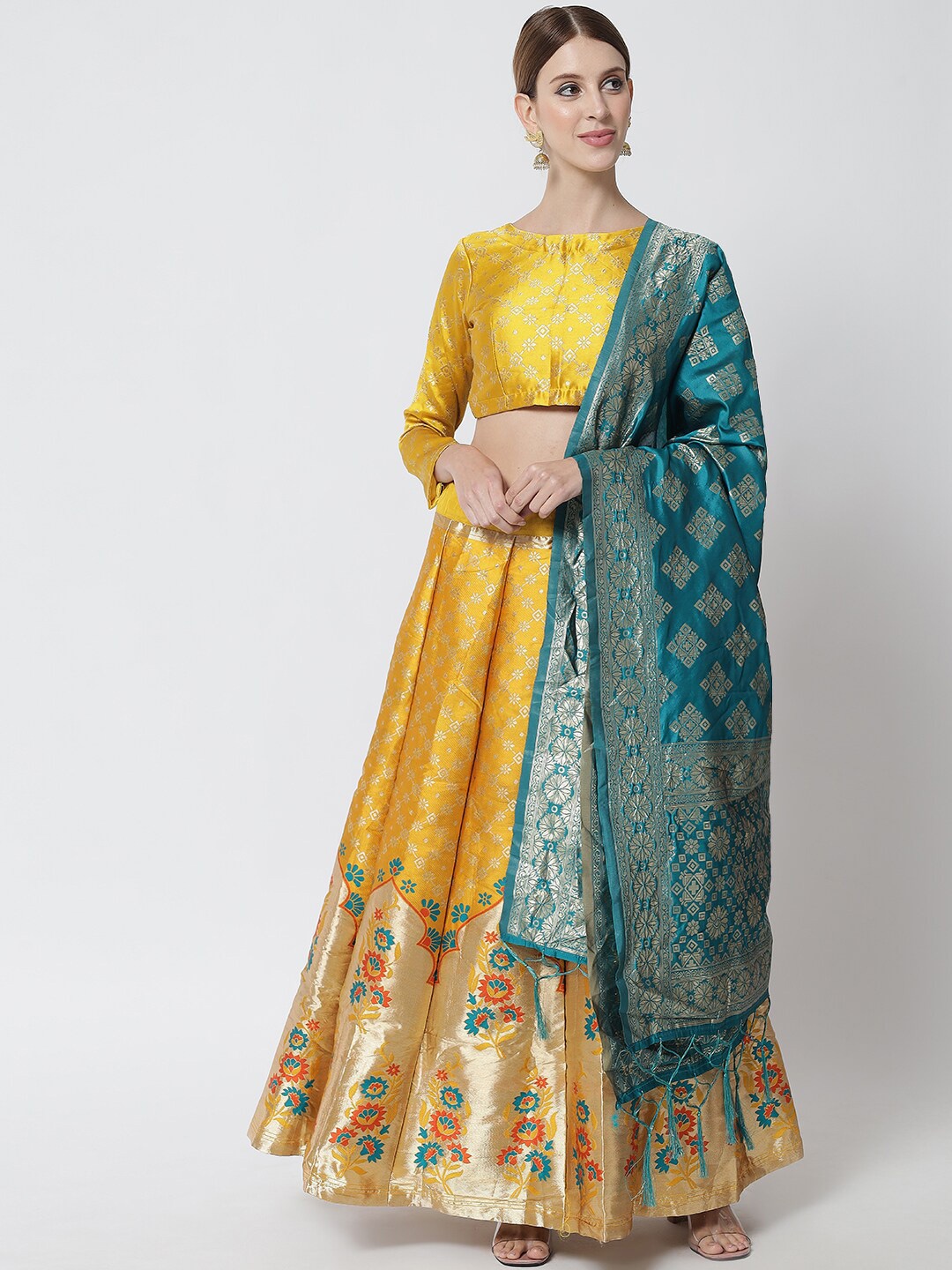

DIVASTRI Yellow Banarasi Silk Ready to Wear Lehenga & Unstitched Blouse With Dupatta