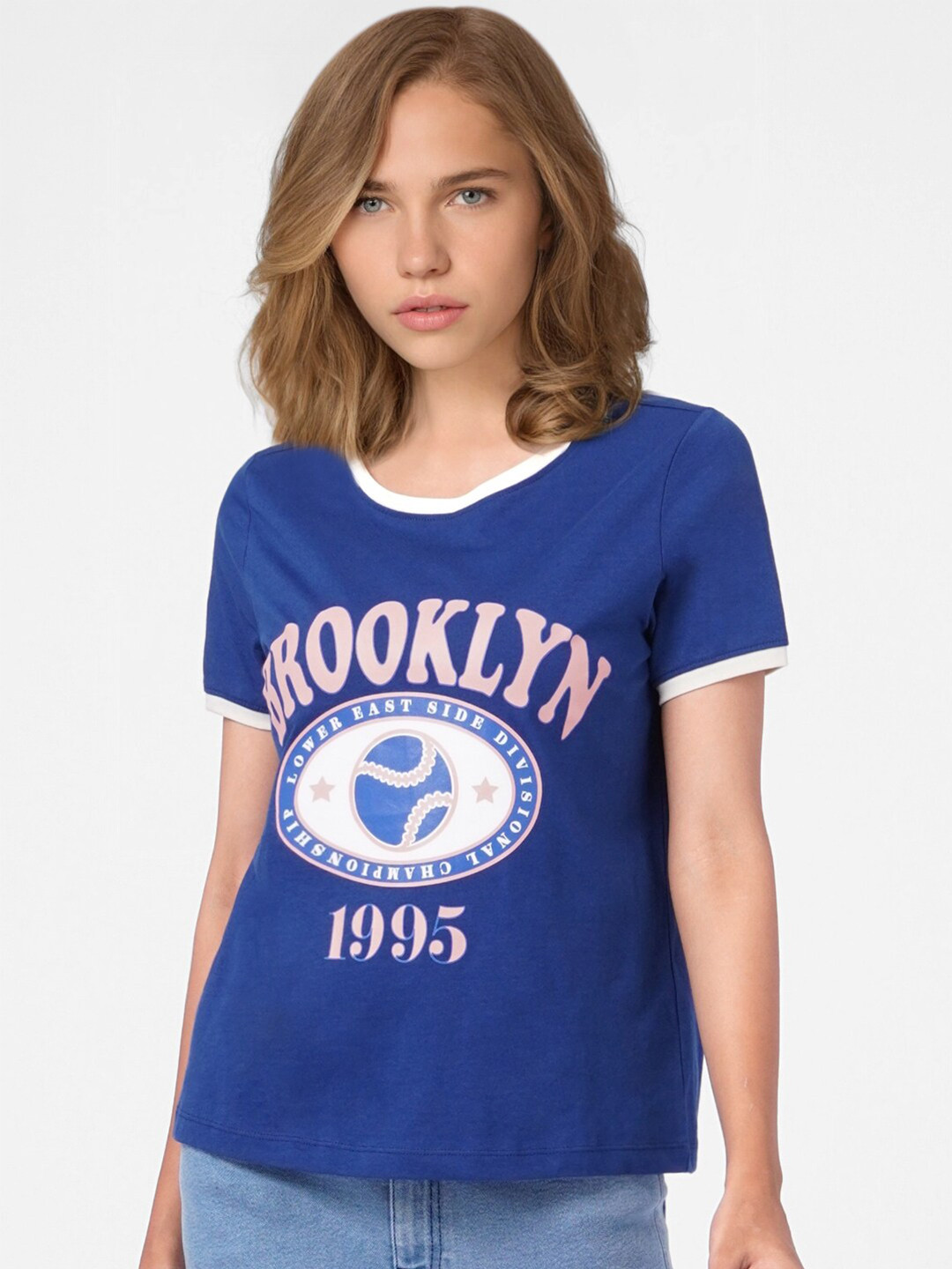 

ONLY Women Blue Typography Printed Cotton T-shirt