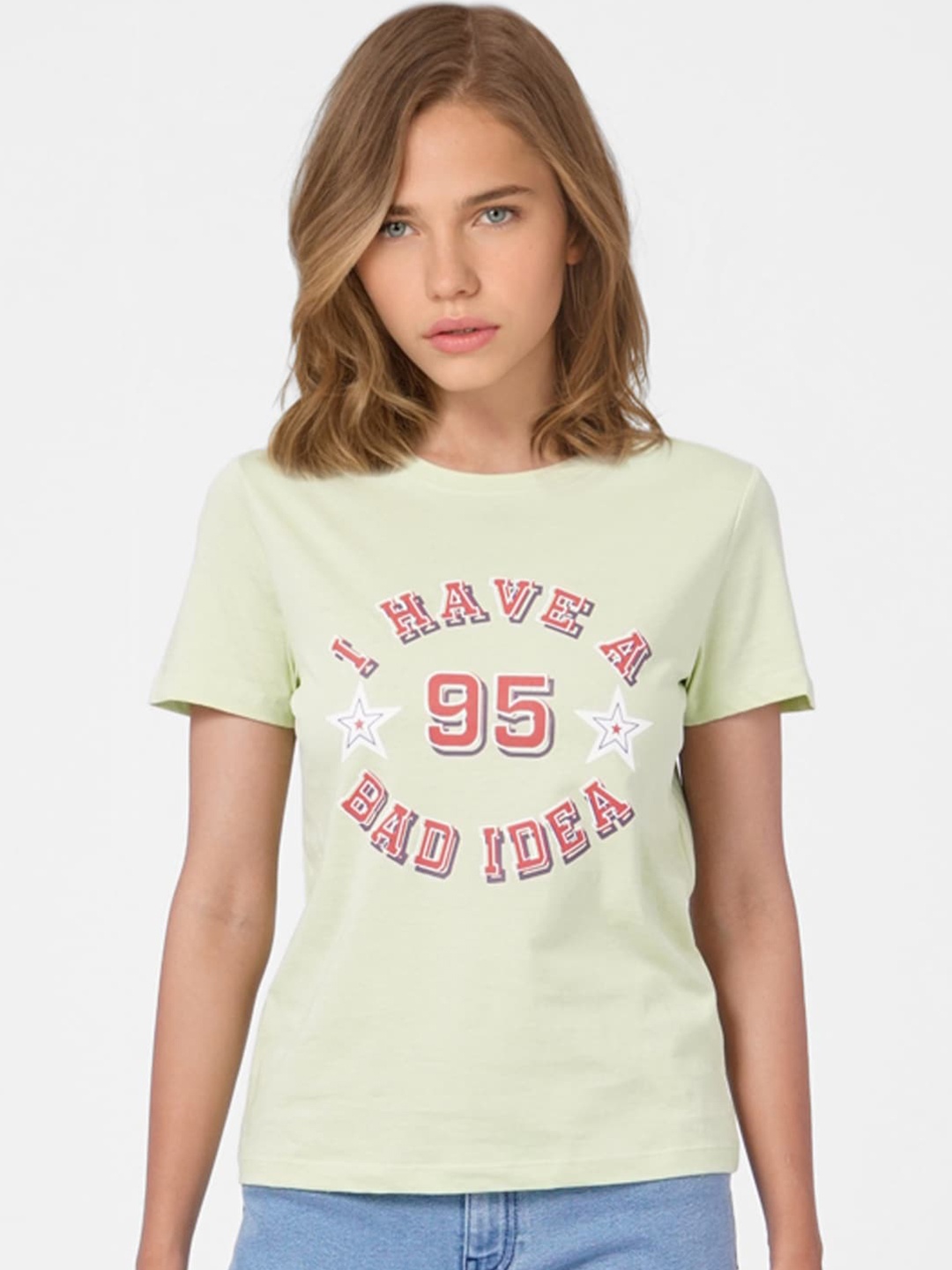 

ONLY Women Green Typography Printed Cotton T-shirt