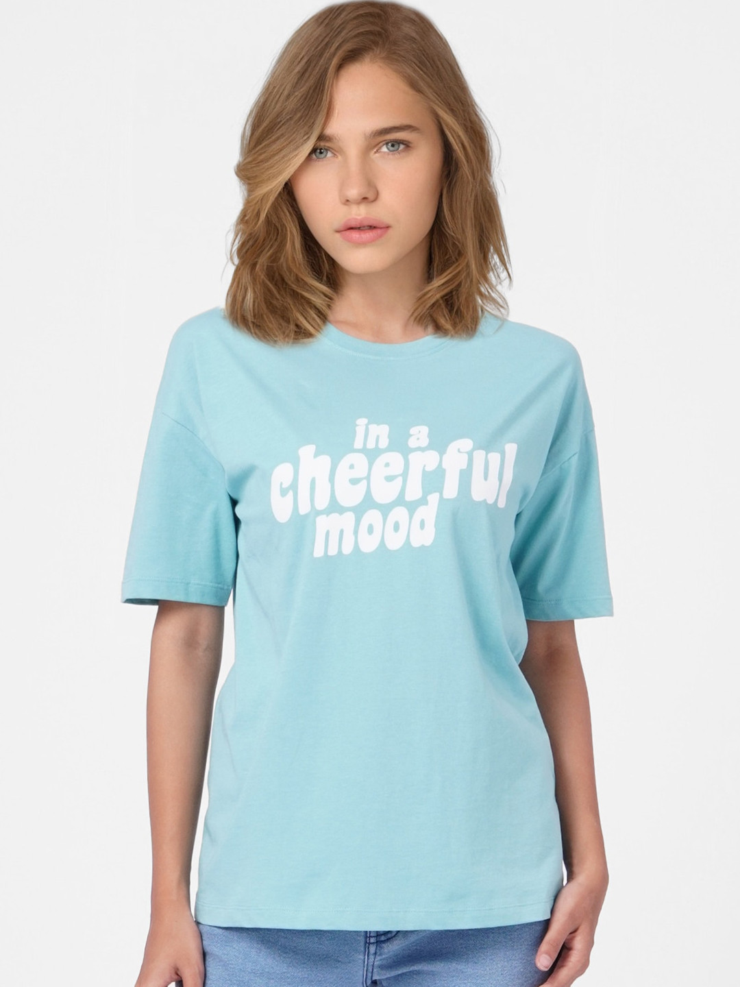 

ONLY Women Blue & White Typography Printed Drop-Shoulder Sleeves T-shirt