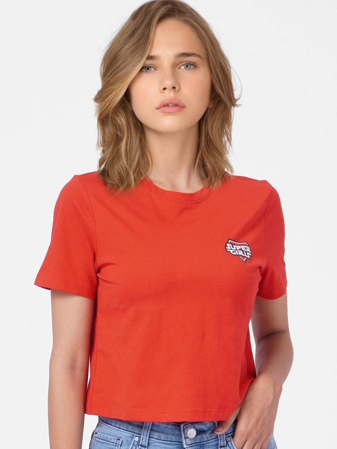 

ONLY Women Red Cotton Crop T-shirt