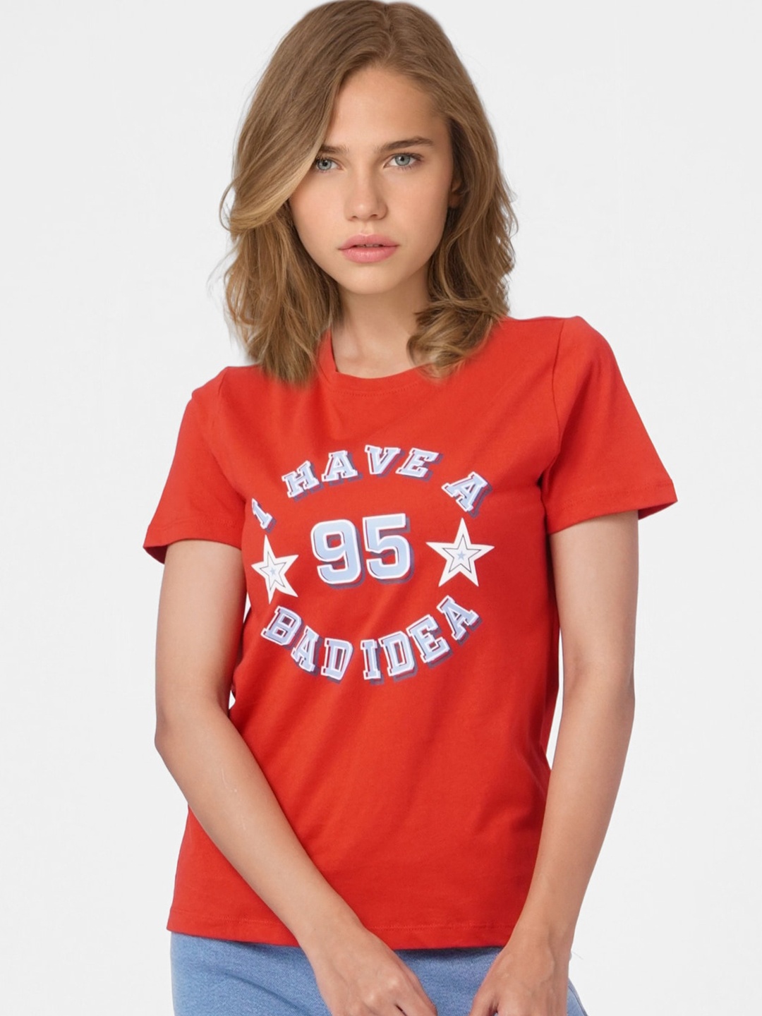 

ONLY Women Red Typography Printed Cotton T-shirt