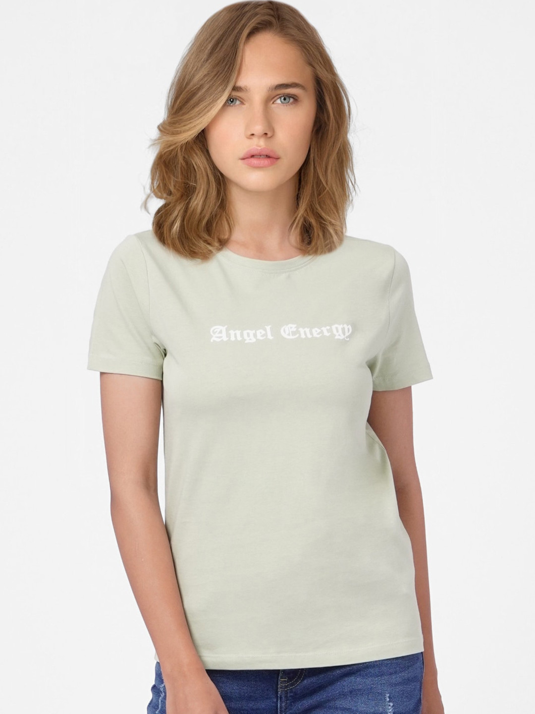 

ONLY Women Green Typography Printed Cotton T-shirt