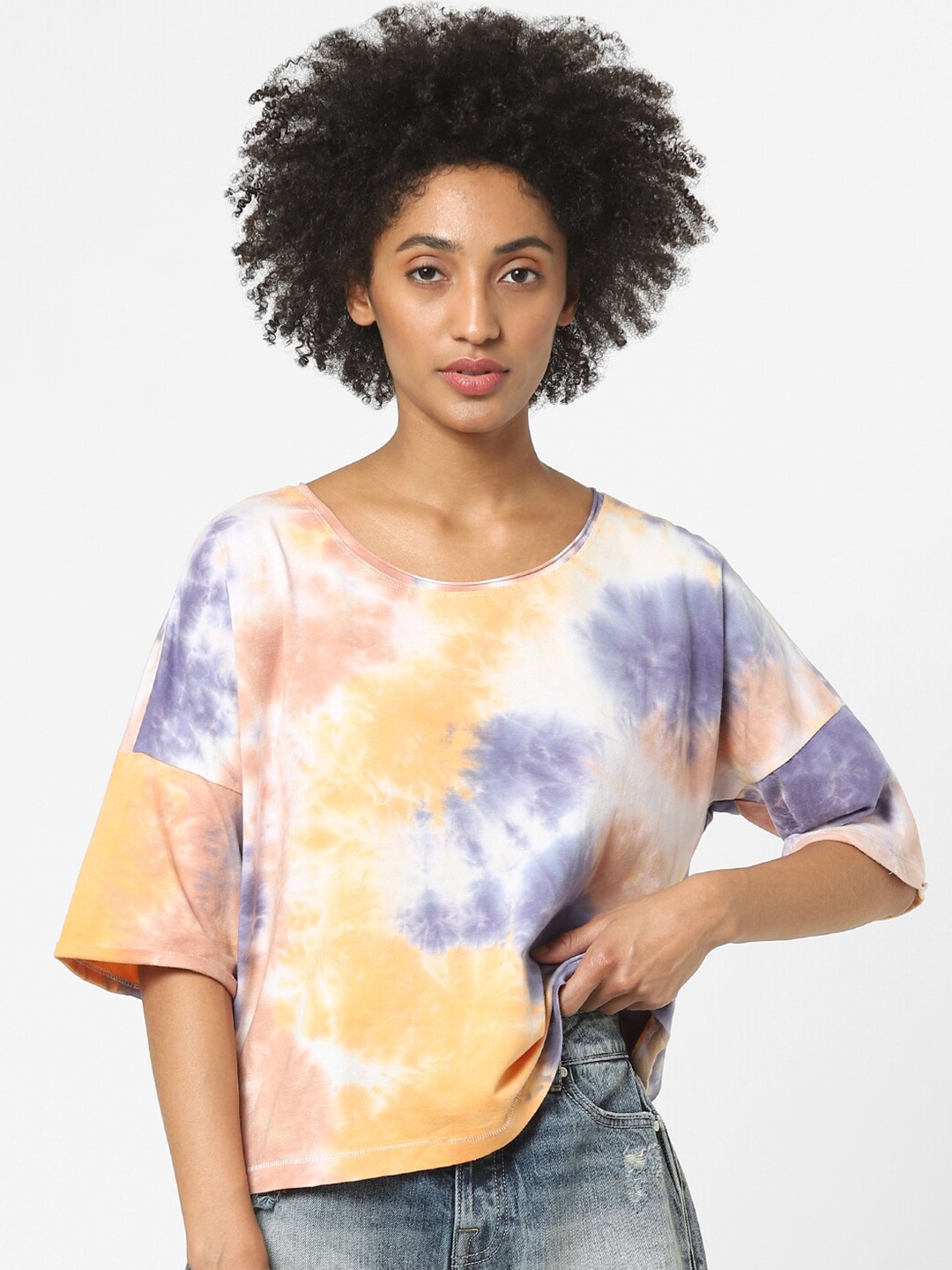 

ONLY Women Peach-Coloured & Blue Tie and Dye Dyed Drop-Shoulder Sleeves Loose T-shirt