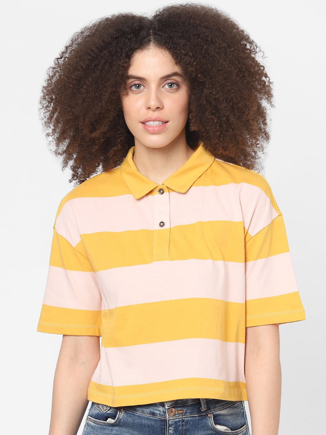 

ONLY Women Orange Striped Polo Collar Drop-Shoulder Sleeves Loose T-shirt