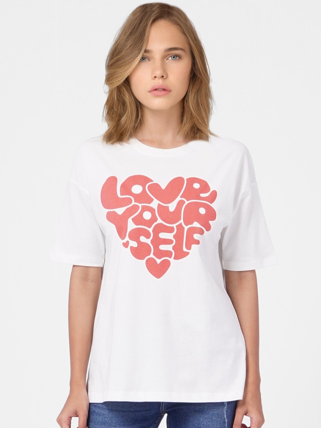 

ONLY Women White Typography Printed Drop-Shoulder Sleeves T-shirt