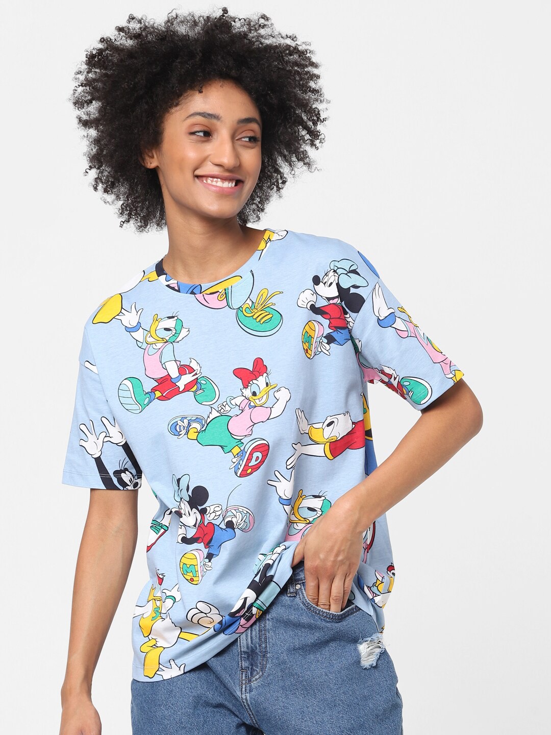 

ONLY Women Blue & Red Printed Drop-Shoulder Sleeves T-shirt