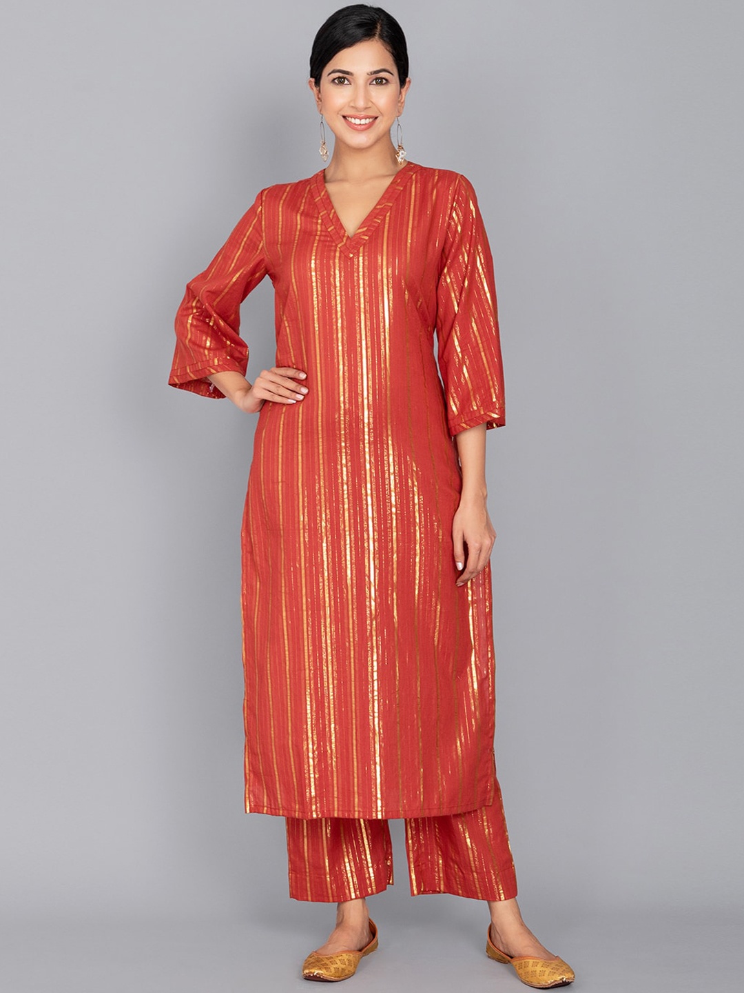 

Ambraee Women Red Ethnic Motifs Striped Pure Cotton Kurta with Palazzos