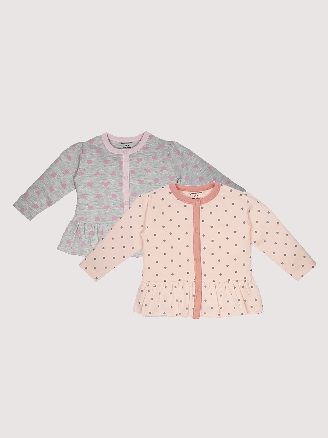 

My Milestones Infants Girls Set Of 2 Grey & Pink Print Pure Cotton Peplum Top