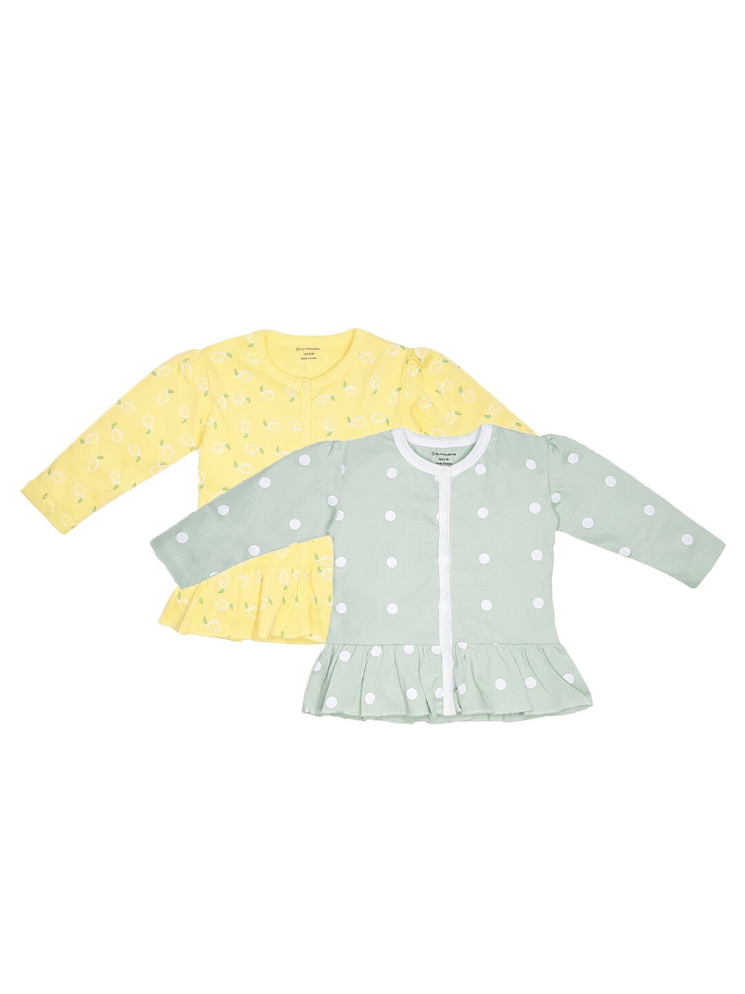 

My Milestones Infants Girls Pack of 2 Green & Yellow Printed Pure Cotton Jhabla