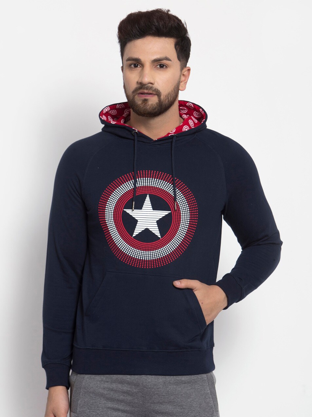 

SPORTO Men Navy Blue Graphic Printed Cotton Hooded Sweatshirt