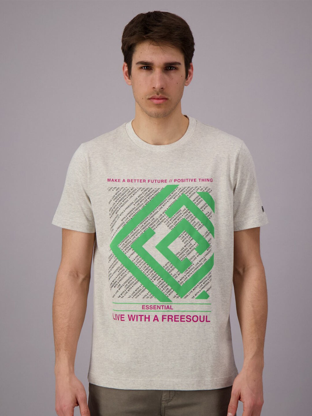 

FREESOUL Men Grey Melange Printed Cotton T-shirt