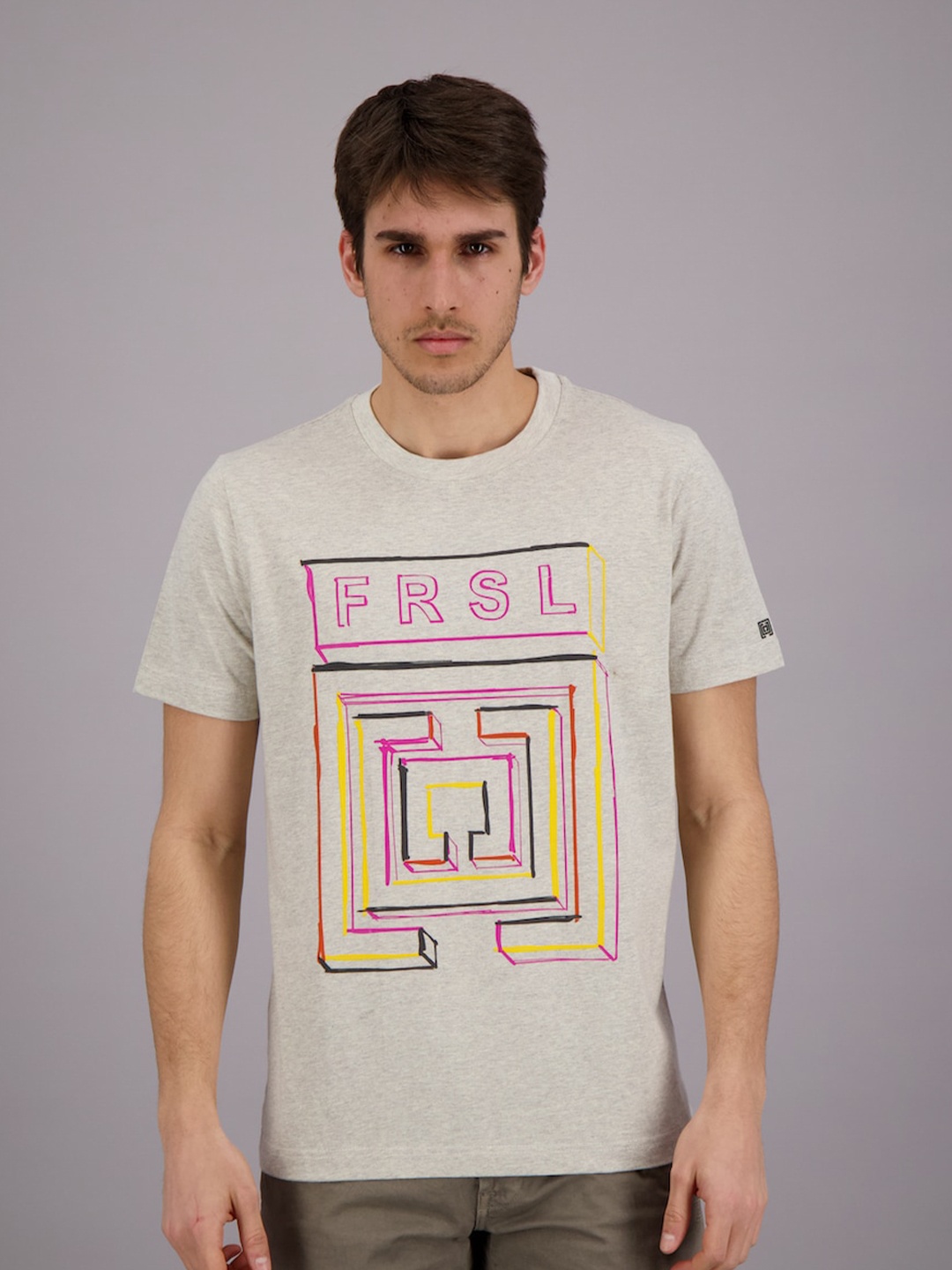 

FREESOUL Men Grey Melange & Pink Abstract Printed T-shirt