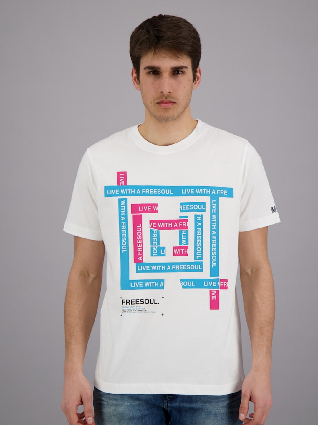 

FREESOUL Men White & Blue Typography Printed Cotton T-shirt