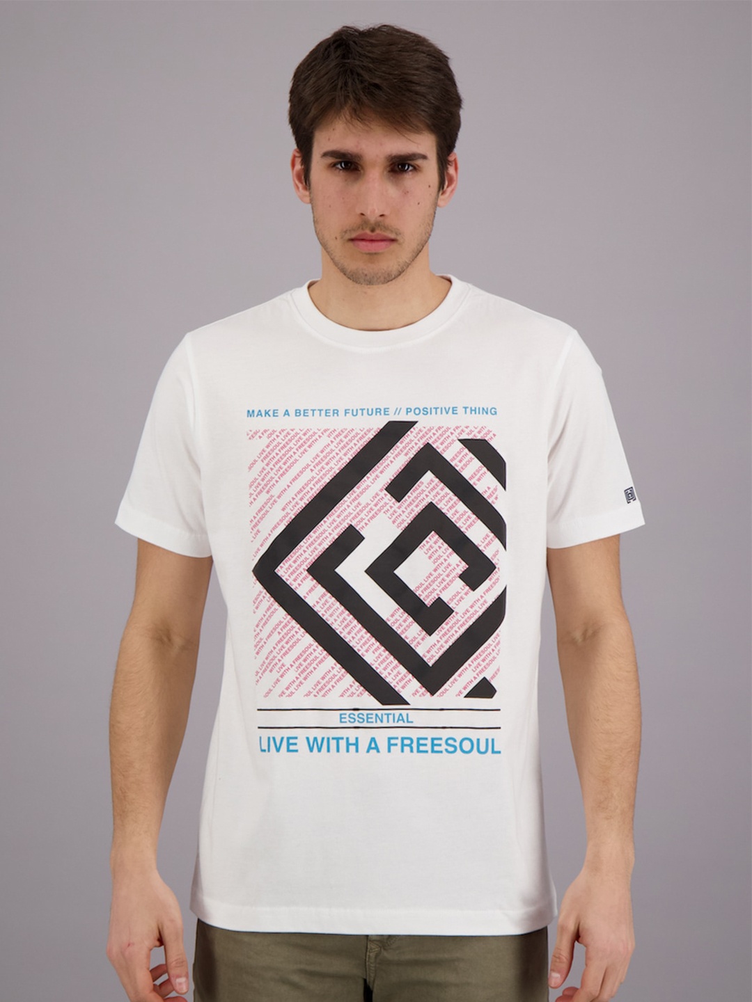 

FREESOUL Men White Abstract Print Cotton T-shirt
