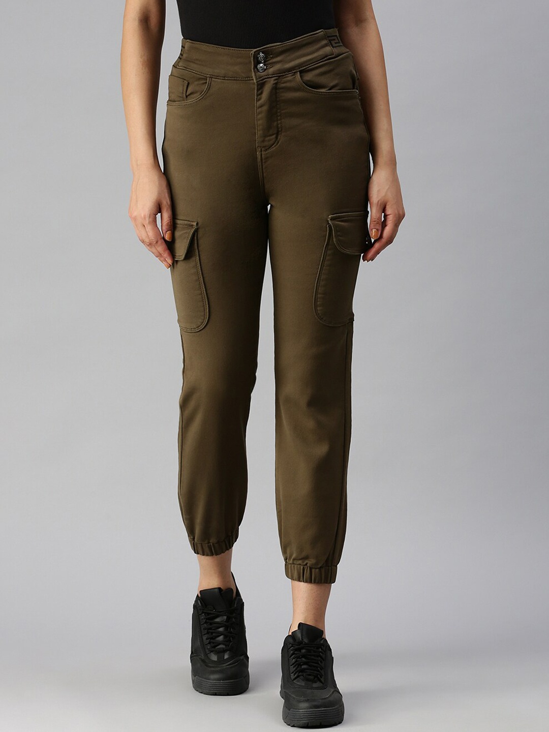 

SHOWOFF Women Brown High-Rise Mildly Distressed Stretchable Jogger Jeans