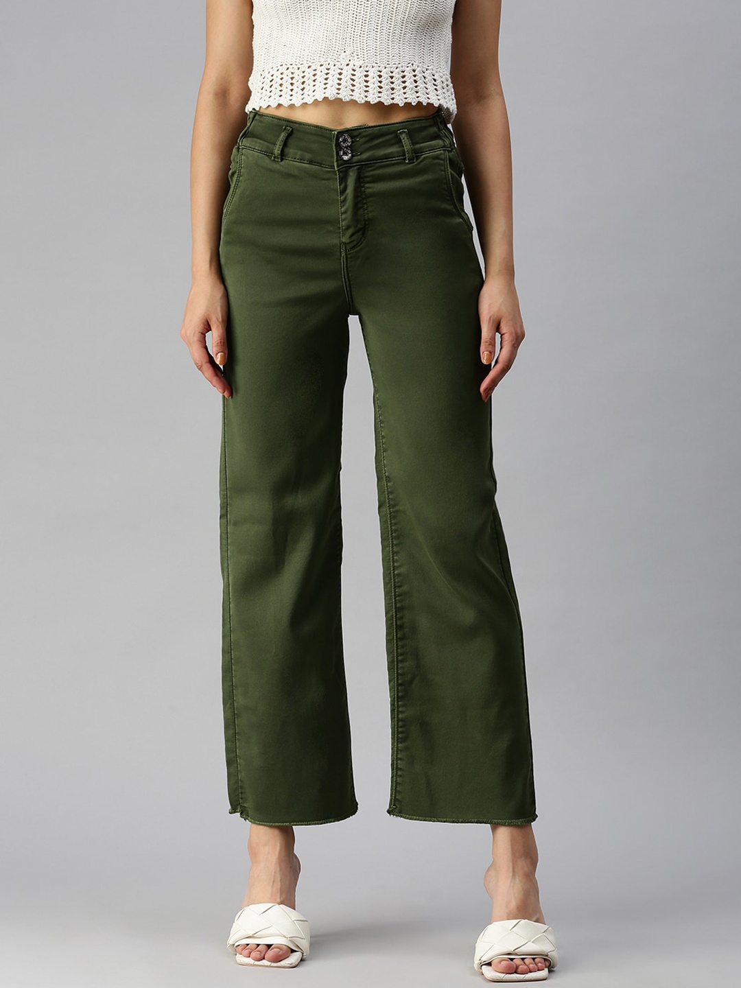 

SHOWOFF Women Green Wide Leg High-Rise Stretchable Jeans