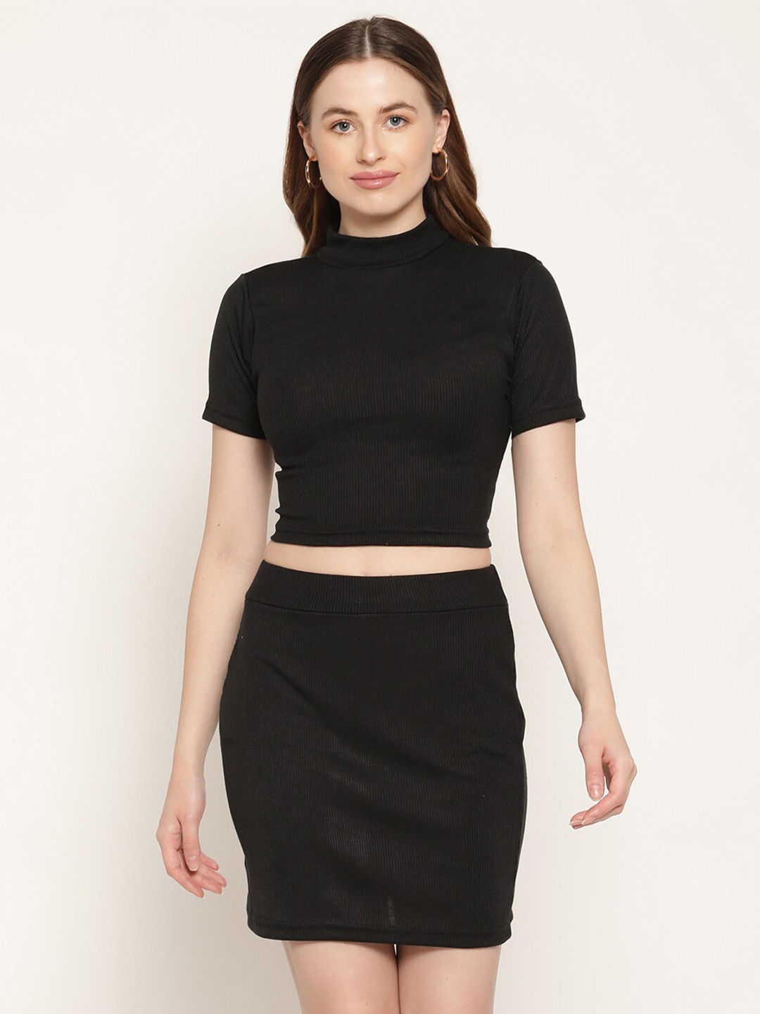 

Miaz Lifestyle Women Black Solid Top With Skirt