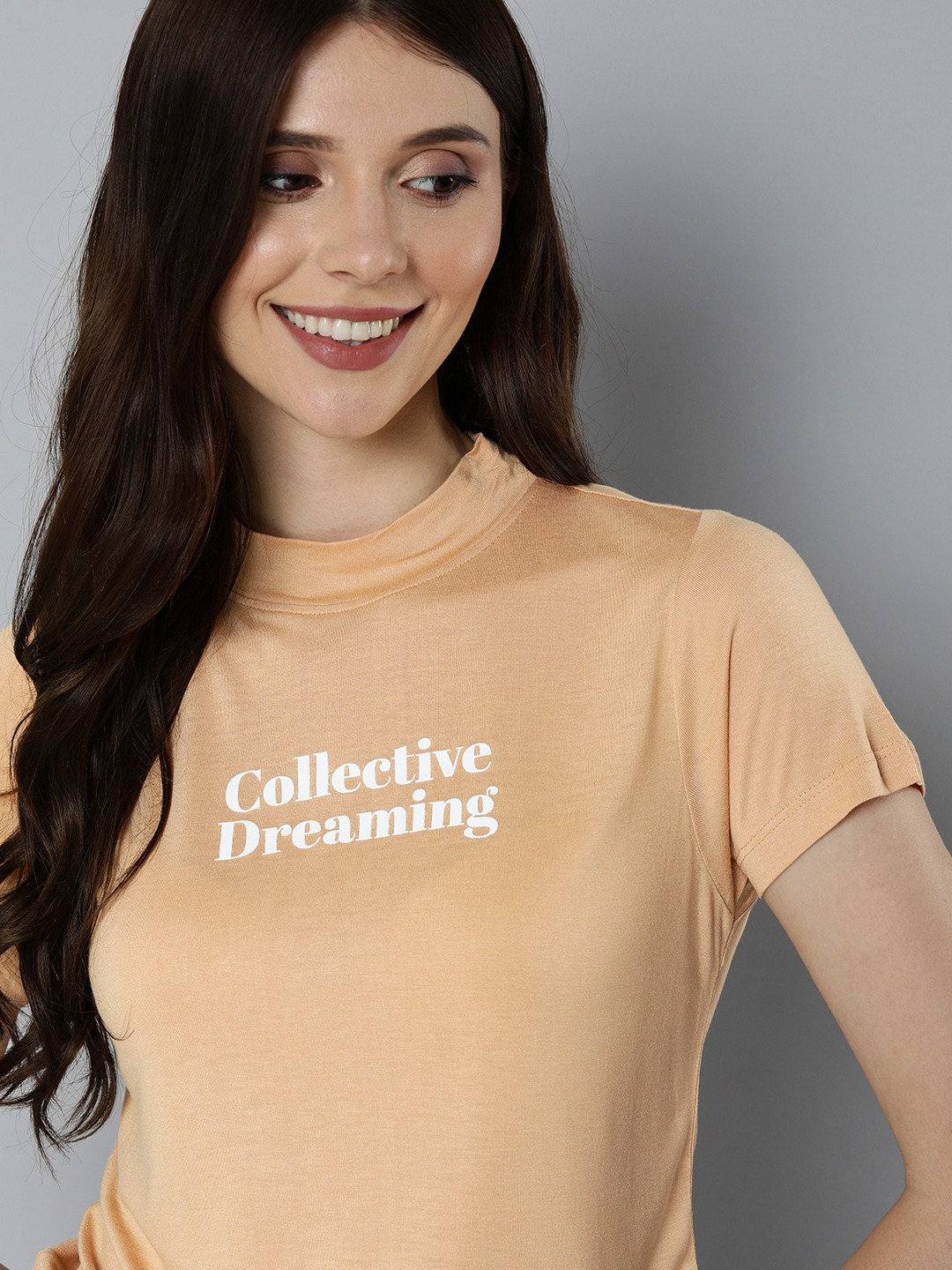 

M&H Easy Women Beige & White Typography Printed T-shirt