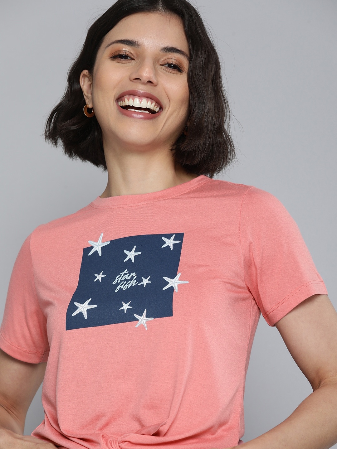 

Mast & Harbour Women Pink Printed Slim Fit Casual T-shirt