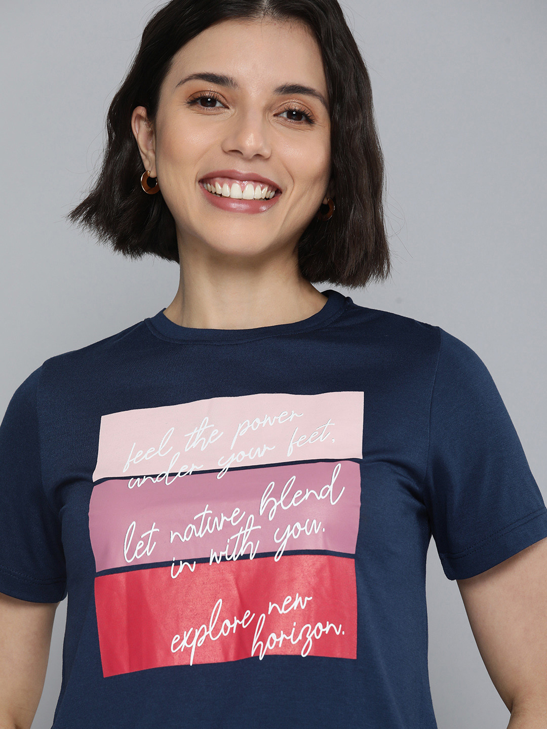

Mast & Harbour Women Navy Blue Typography Printed Applique Slim Fit Casual T-shirt
