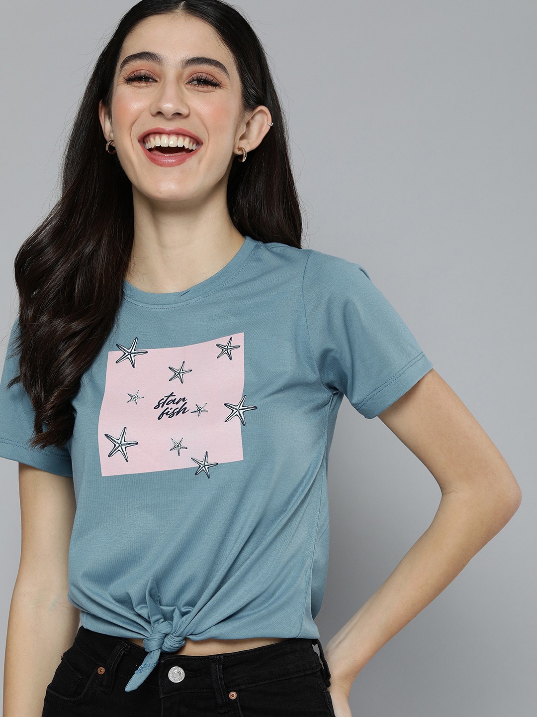 

Mast & Harbour Blue Conversational Print Round Neck Regular Sleeves Tie-Ups Top
