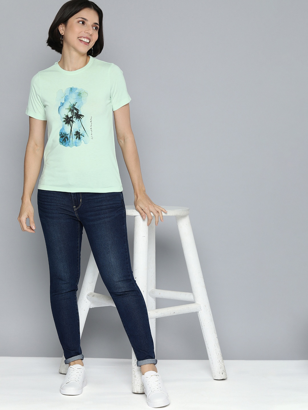 

Mast & Harbour Women Light Green & Blue Graphic Printed Pure Cotton T-shirt
