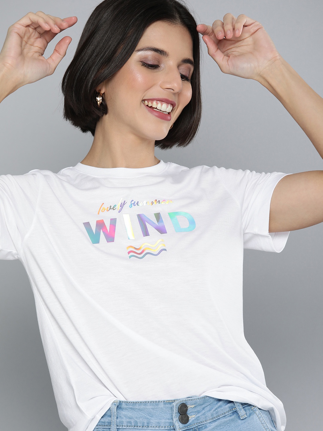 

Mast & Harbour Women White Typography Printed Applique Slim Fit Casual T-shirt