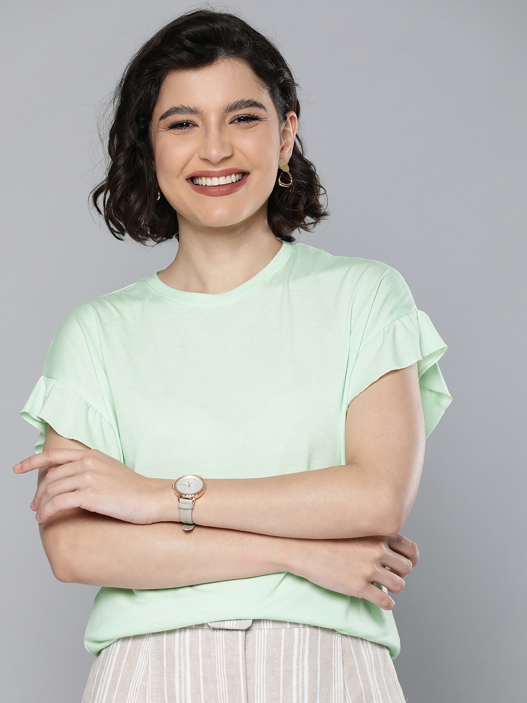 

Mast & Harbour Women Green Solid Extended Sleeves T-shirt