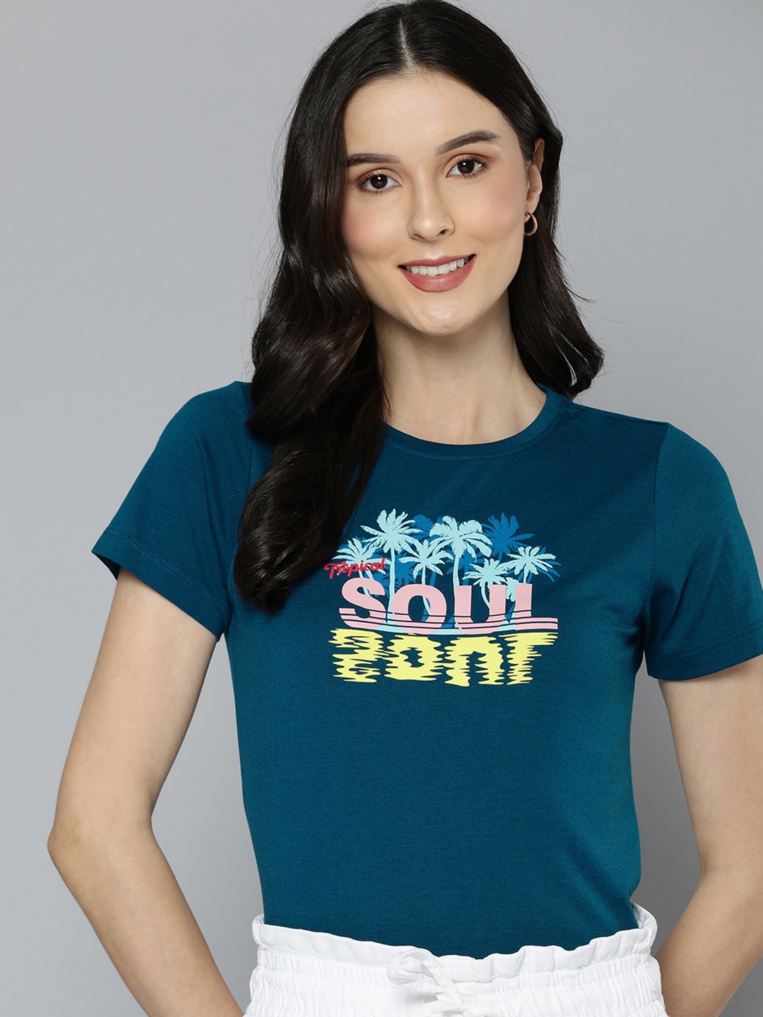 

Mast & Harbour Women Blue Typography Print Round Neck Regular Sleeves T-shirt