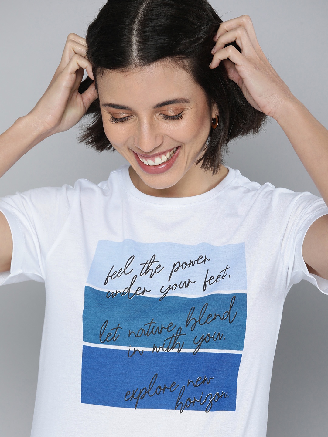 

Mast & Harbour Women White & Blue Typography Printed Applique Slim Fit T-shirt