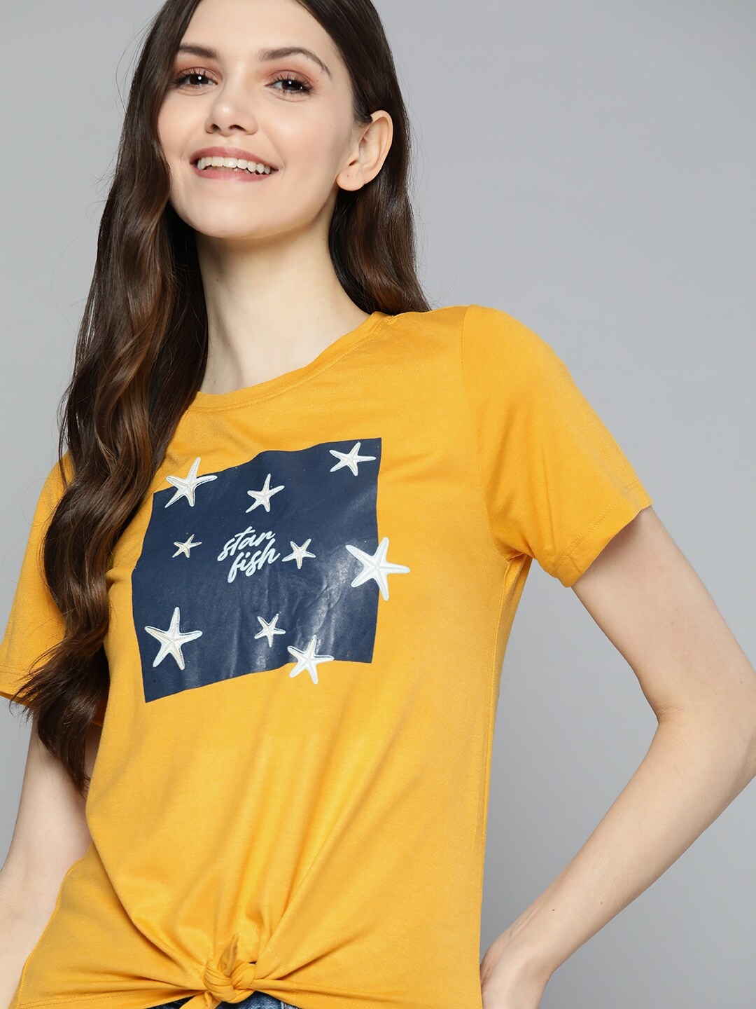 

Mast & Harbour Women Yellow & Navy Blue Printed Twist & Knot T-shirt