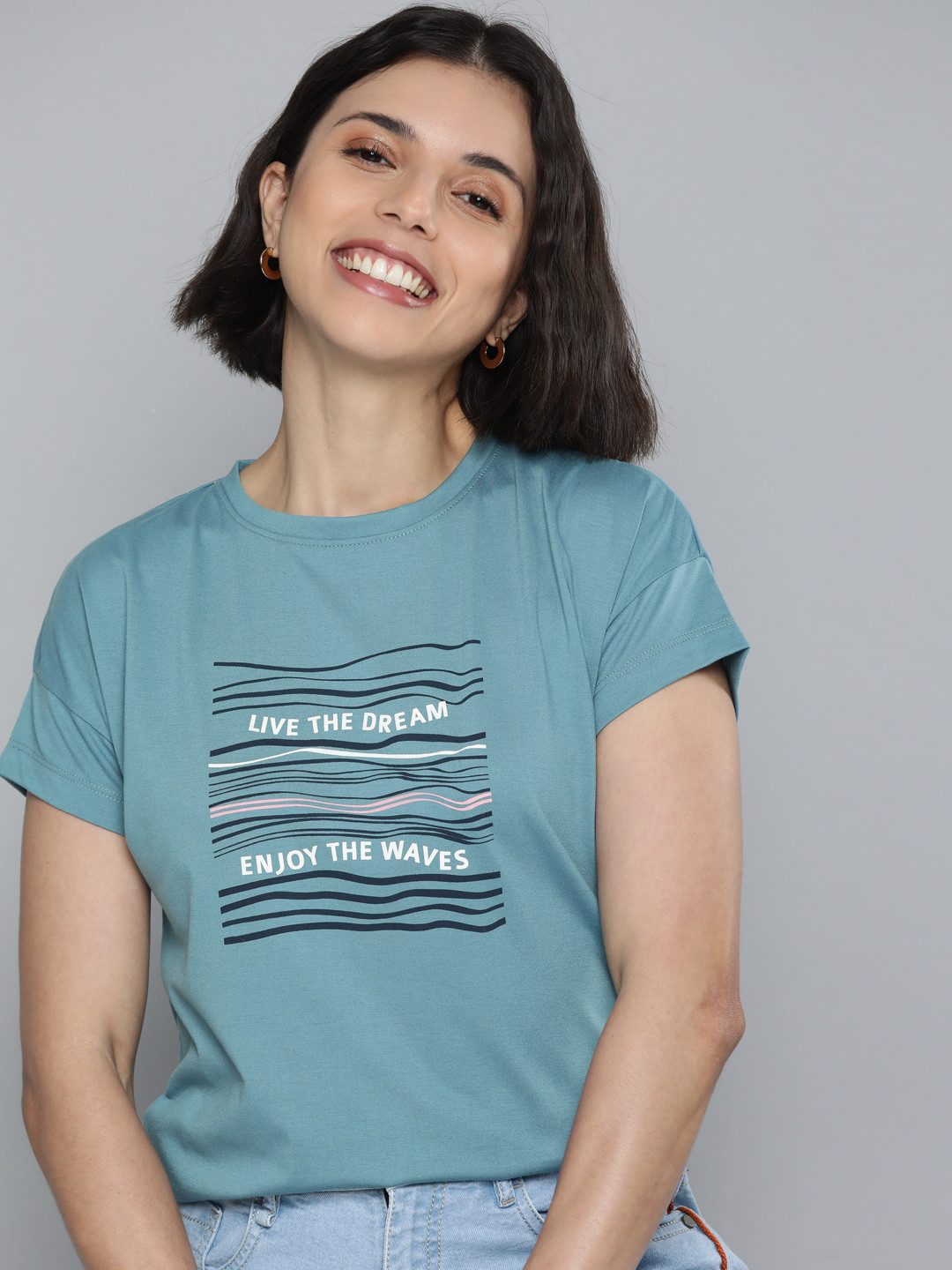 

Mast & Harbour Women Blue & Black Typography Striped T-shirt