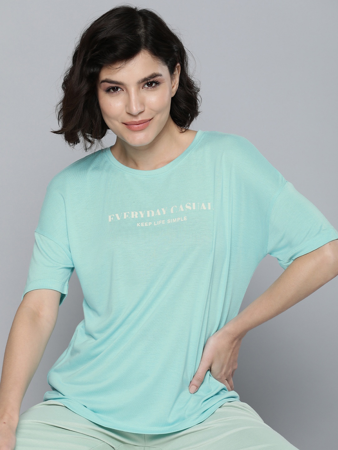 

M&H Easy Women Sea Green Typography Printed Casual T-shirt