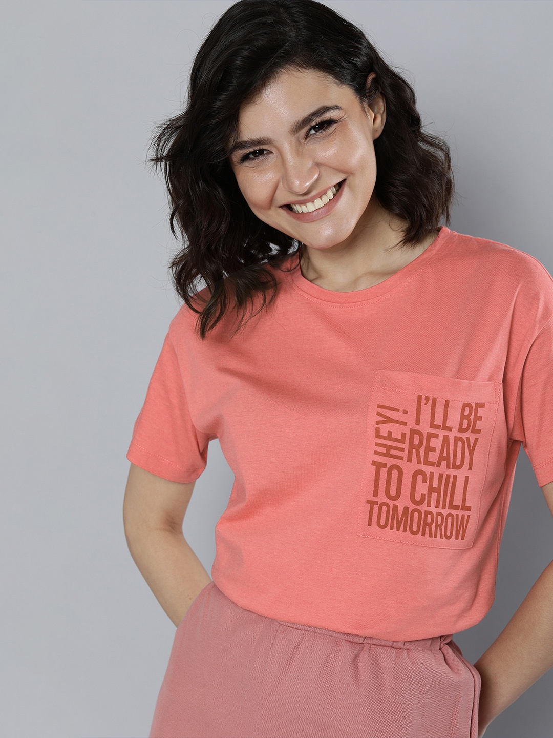 

M&H Easy Women Dusty Pink Typography Printed Drop-Shoulder Sleeves T-shirt, Rose