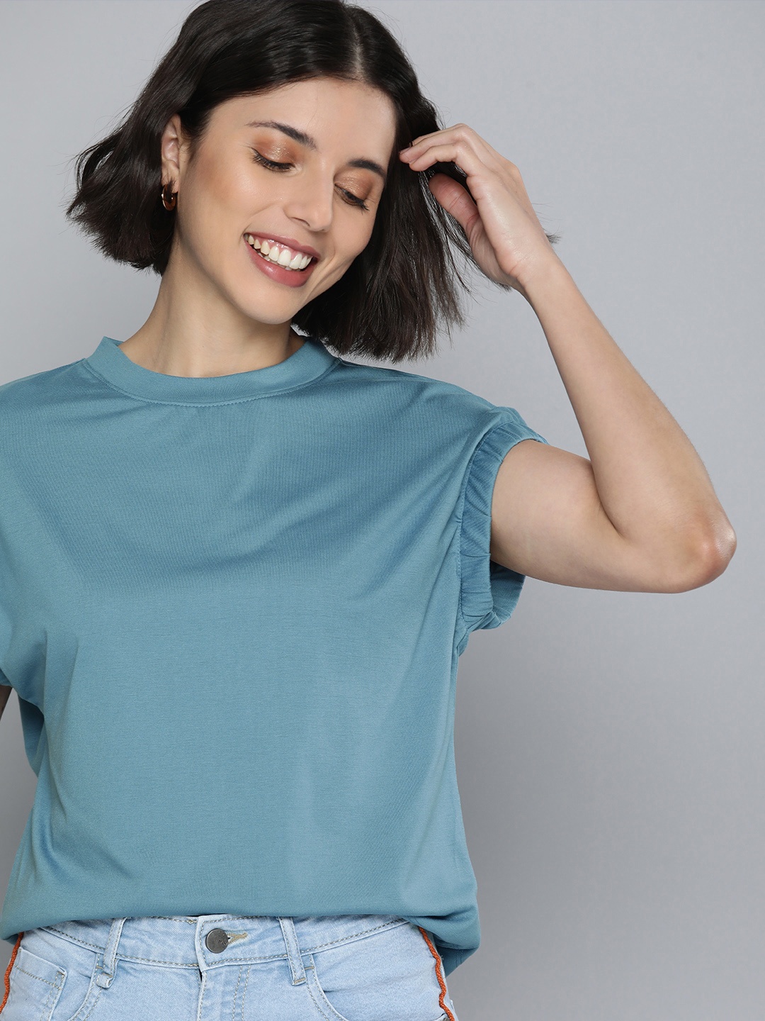 

Mast & Harbour Women Blue Solid Extended Sleeves T-shirt